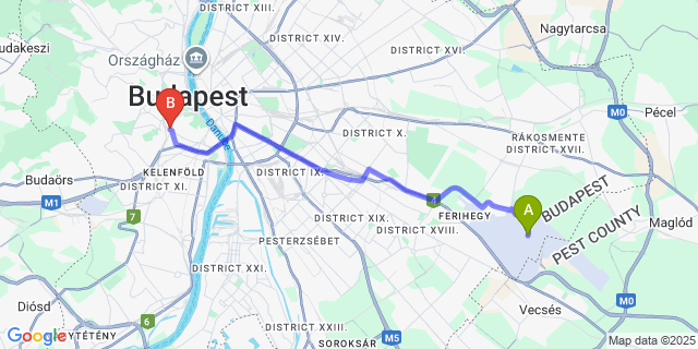 Map: Budapest Airport (BUD), Ferihegy, Liszt Ferenc to Green Garden Hostel