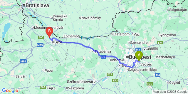 Map: Budapest Airport (BUD), Ferihegy, Liszt Ferenc to Győrzámoly