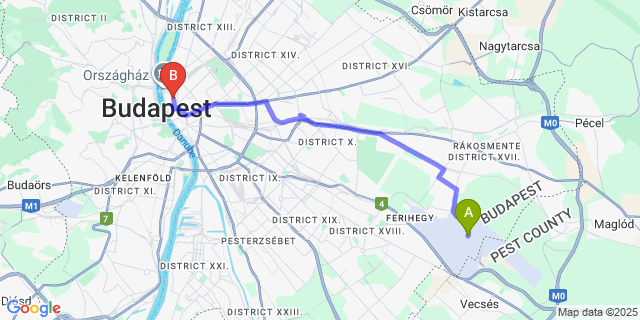 Map: Budapest Airport (BUD), Ferihegy, Liszt Ferenc to H2 Hotel Budapest