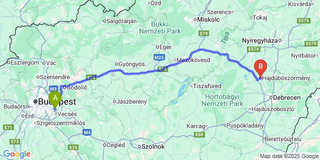 Map: Budapest Airport (BUD), Ferihegy, Liszt Ferenc to Hajdúböszörmény