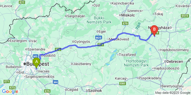 Map: Budapest Airport (BUD), Ferihegy, Liszt Ferenc to Hajdúnánás