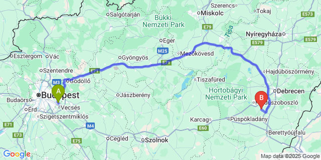 Map: Budapest Airport (BUD), Ferihegy, Liszt Ferenc to Hajdúszovát