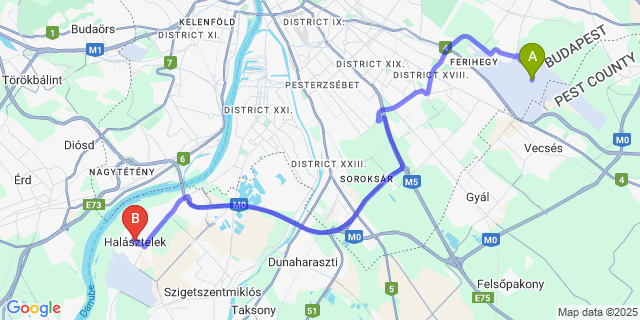 Map: Budapest Airport (BUD), Ferihegy, Liszt Ferenc to Halásztelek
