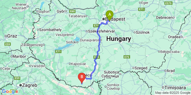 Map: Budapest Airport (BUD), Ferihegy, Liszt Ferenc to Harkány