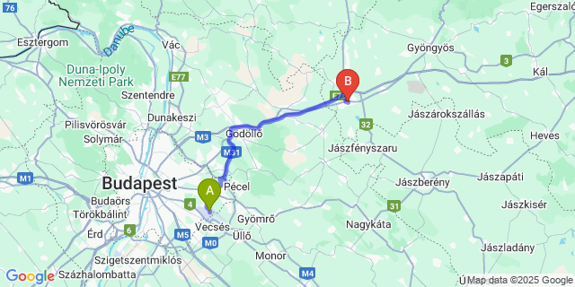 Map: Budapest Airport (BUD), Ferihegy, Liszt Ferenc to Hatvan