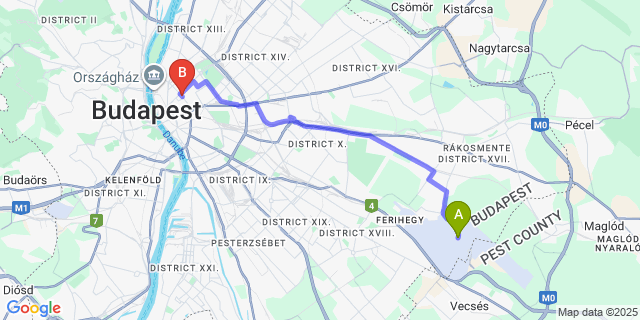 Map: Budapest Airport (BUD), Ferihegy, Liszt Ferenc to Hello Hostel
