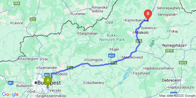 Map: Budapest Airport (BUD), Ferihegy, Liszt Ferenc to Hernádkércs