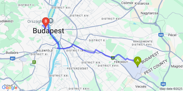 Map: Budapest Airport (BUD), Ferihegy, Liszt Ferenc to Hilton Budapest Hess András tér 1-3.