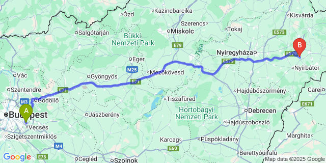 Map: Budapest Airport (BUD), Ferihegy, Liszt Ferenc to Hodász