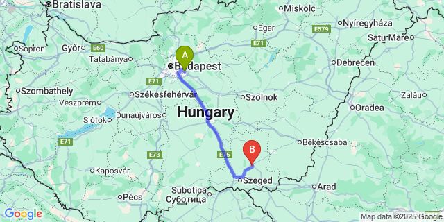 Map: Budapest Airport (BUD), Ferihegy, Liszt Ferenc to Hódmezővásárhely