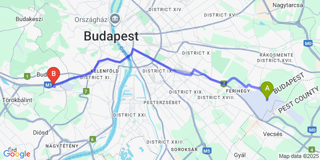 Map: Budapest Airport (BUD), Ferihegy, Liszt Ferenc to Holiday Inn Budapest-Buda?rs