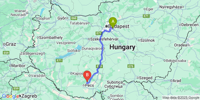Map: Budapest Airport (BUD), Ferihegy, Liszt Ferenc to Hosszúhetény