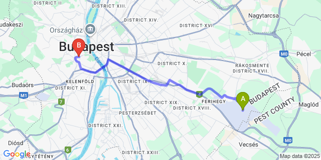 Map: Budapest Airport (BUD), Ferihegy, Liszt Ferenc to Hotel Bara Junior