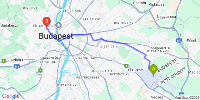 Map: Budapest Airport (BUD), Ferihegy, Liszt Ferenc to Hotel Belvedere Budapest