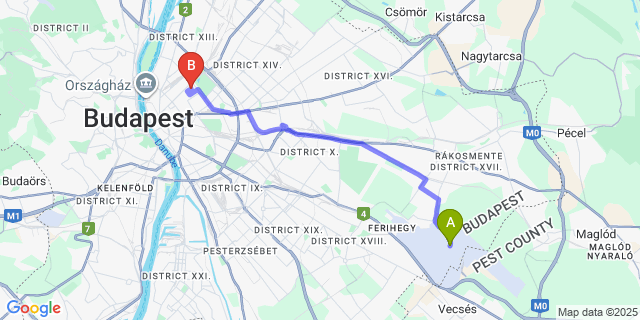 Map: Budapest Airport (BUD), Ferihegy, Liszt Ferenc to Hotel Benczur