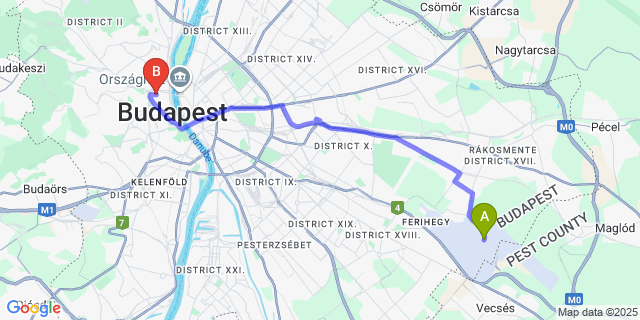 Map: Budapest Airport (BUD), Ferihegy, Liszt Ferenc to Hotel Castle Garden