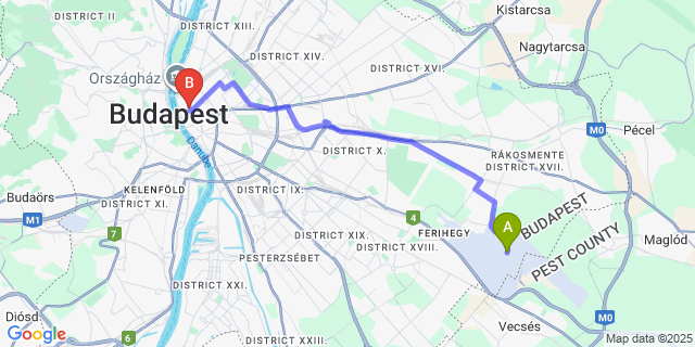 Map: Budapest Airport (BUD), Ferihegy, Liszt Ferenc to Hotel Central Basilica