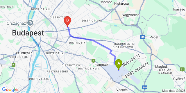 Map: Budapest Airport (BUD), Ferihegy, Liszt Ferenc to Hotel Ében