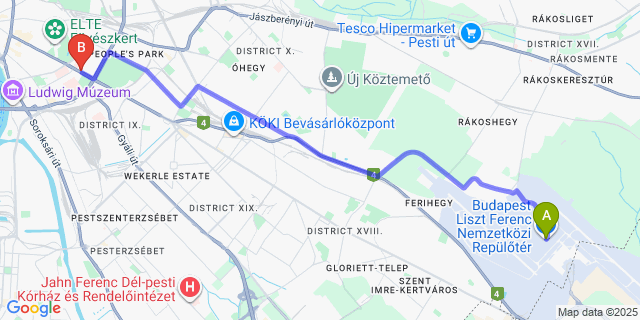 Map: Budapest Airport (BUD), Ferihegy, Liszt Ferenc to Hotel Millennium