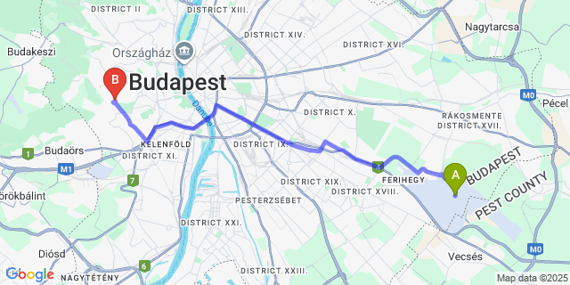 Map: Budapest Airport (BUD), Ferihegy, Liszt Ferenc to Hotel Molnár