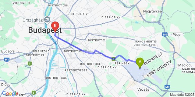Map: Budapest Airport (BUD), Ferihegy, Liszt Ferenc to Hotel Museum Budapest