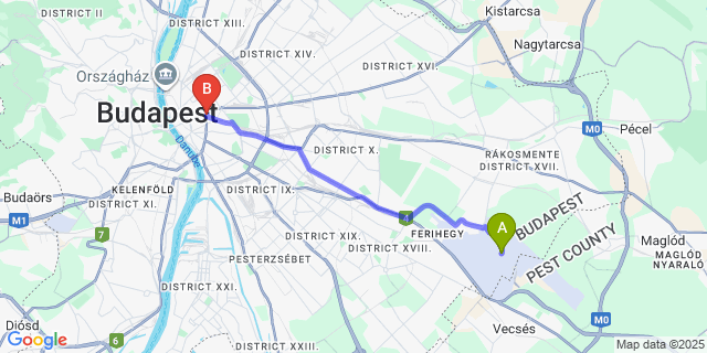 Map: Budapest Airport (BUD), Ferihegy, Liszt Ferenc to Hotel Nemzeti Budapest – MGallery