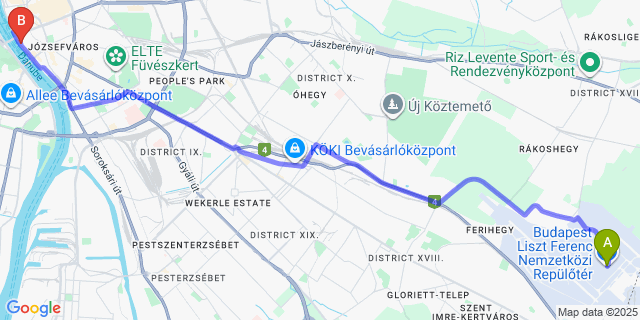 Map: Budapest Airport (BUD), Ferihegy, Liszt Ferenc to Hotel Vision