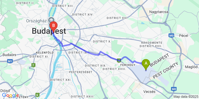 Map: Budapest Airport (BUD), Ferihegy, Liszt Ferenc to Hotel Zenit Budapest Palace