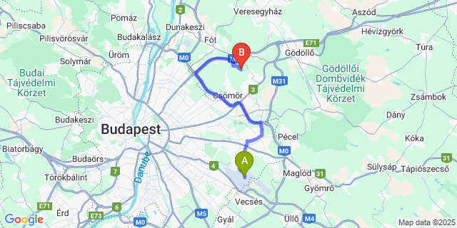Map: Budapest Airport (BUD), Ferihegy, Liszt Ferenc to Hungaroring