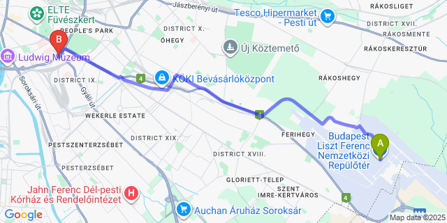 Map: Budapest Airport (BUD), Ferihegy, Liszt Ferenc to ibis Budapest Stadium