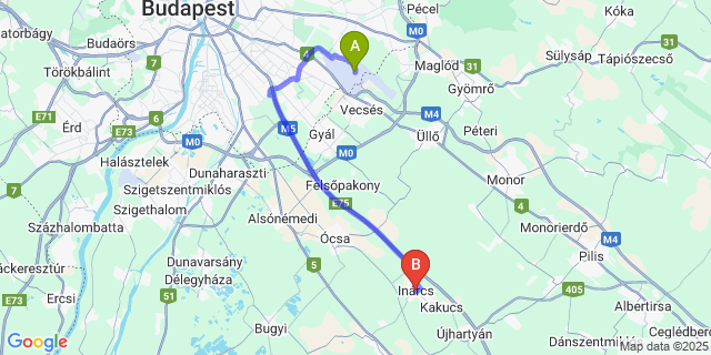 Map: Budapest Airport (BUD), Ferihegy, Liszt Ferenc to Inárcs