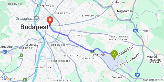Map: Budapest Airport (BUD), Ferihegy, Liszt Ferenc to IntercityHotel Budapest