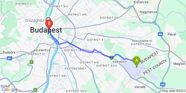 Map: Budapest Airport (BUD), Ferihegy, Liszt Ferenc to InterContinental Budapest Apáczai Csere János utca 12-14.