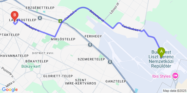 Map: Budapest Airport (BUD), Ferihegy, Liszt Ferenc to Irini Panzió