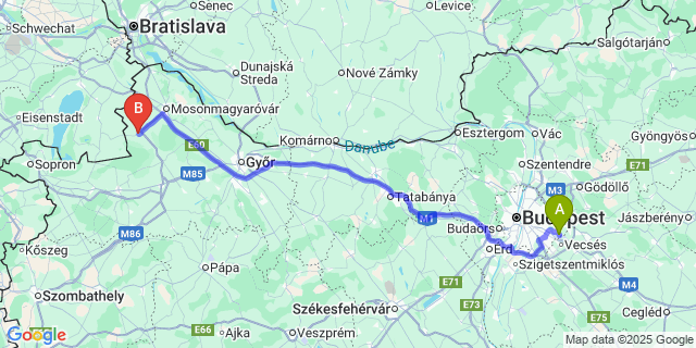 Map: Budapest Airport (BUD), Ferihegy, Liszt Ferenc to Jánossomorja