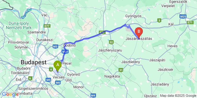 Map: Budapest Airport (BUD), Ferihegy, Liszt Ferenc to Jászárokszállás