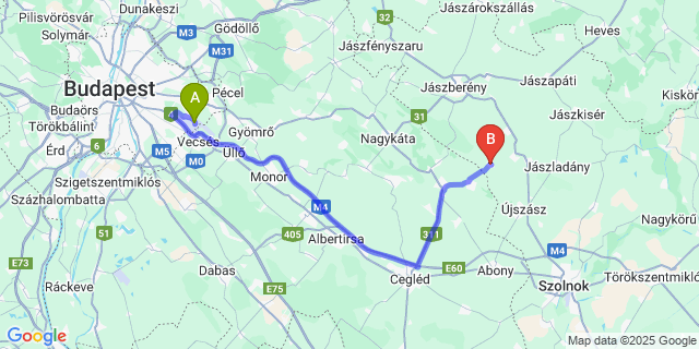 Map: Budapest Airport (BUD), Ferihegy, Liszt Ferenc to Jászboldogháza