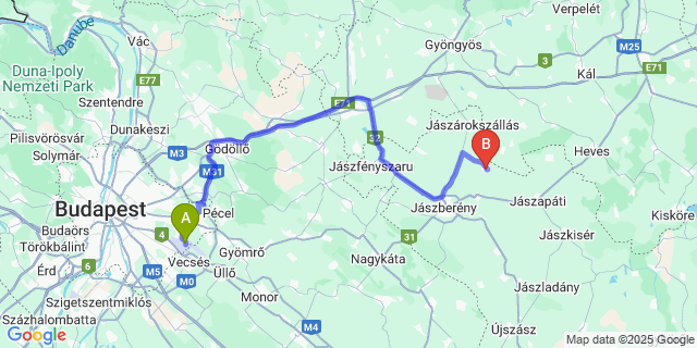 Map: Budapest Airport (BUD), Ferihegy, Liszt Ferenc to Jászdózsa