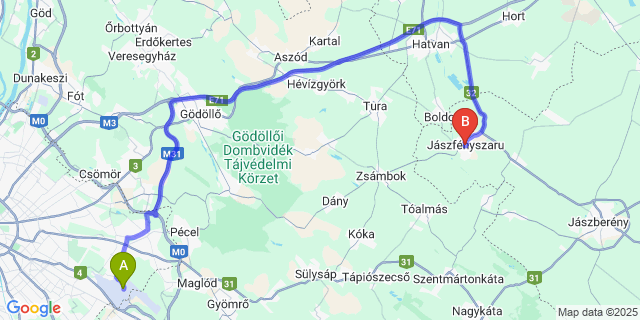 Map: Budapest Airport (BUD), Ferihegy, Liszt Ferenc to Jászfényszaru