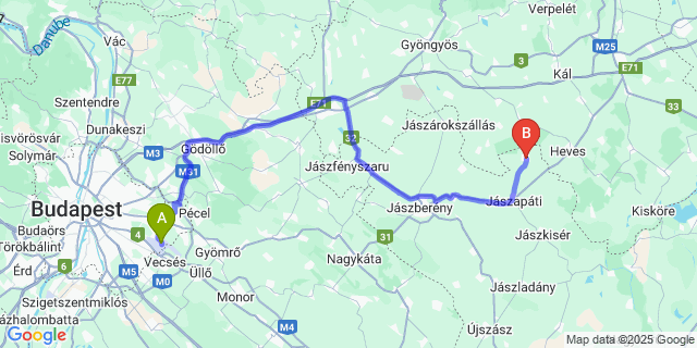 Map: Budapest Airport (BUD), Ferihegy, Liszt Ferenc to Jászszentandrás