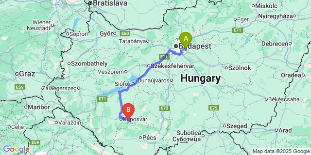 Map: Budapest Airport (BUD), Ferihegy, Liszt Ferenc to Kaposkeresztúr
