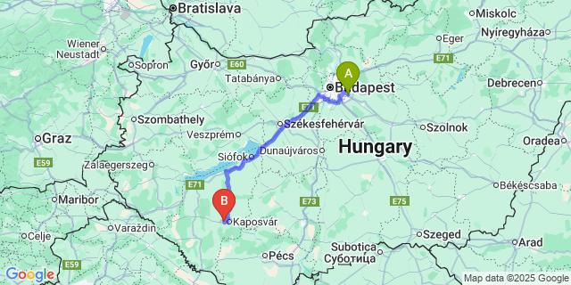 Map: Budapest Airport (BUD), Ferihegy, Liszt Ferenc to Kaposújlak