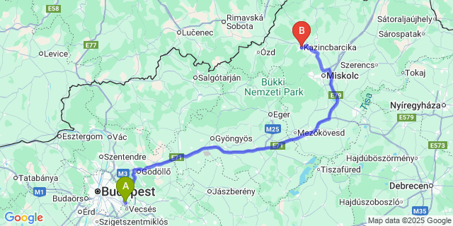 Map: Budapest Airport (BUD), Ferihegy, Liszt Ferenc to Kazincbarcika