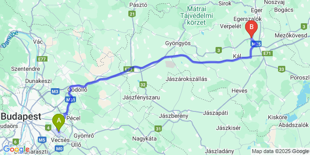 Map: Budapest Airport (BUD), Ferihegy, Liszt Ferenc to Kerecsend