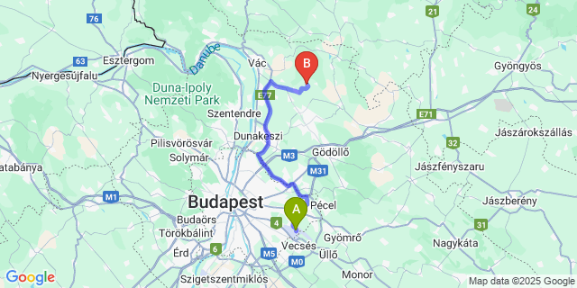 Map: Budapest Airport (BUD), Ferihegy, Liszt Ferenc to Kisnémedi
