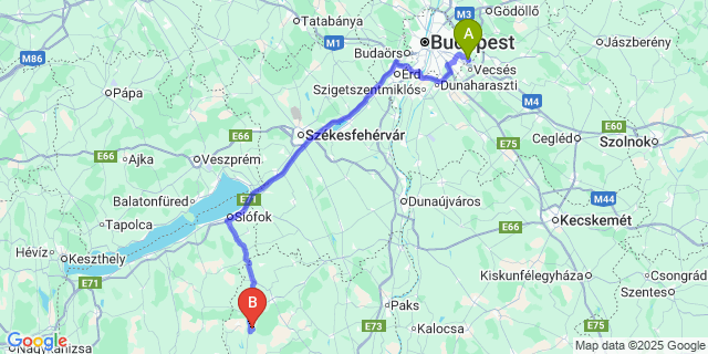 Map: Budapest Airport (BUD), Ferihegy, Liszt Ferenc to Kocsola