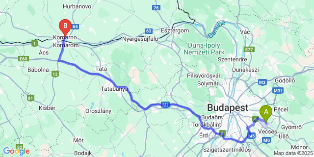 Map: Budapest Airport (BUD), Ferihegy, Liszt Ferenc to Komárno
