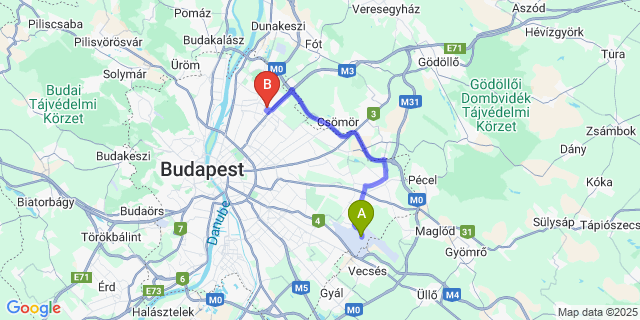 Map: Budapest Airport (BUD), Ferihegy, Liszt Ferenc to Konvoj Szálló