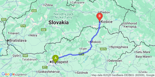 Map: Budapest Airport (BUD), Ferihegy, Liszt Ferenc to Kosice