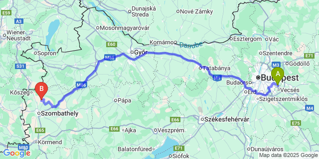 Map: Budapest Airport (BUD), Ferihegy, Liszt Ferenc to Kőszegpaty